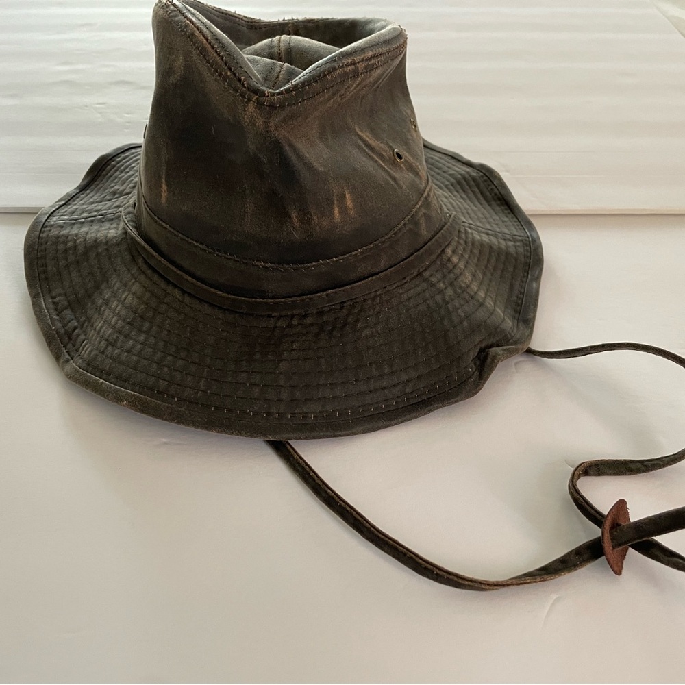 DPC Outback Cowgirl Handmade Cotton Hat Distressed Brown Leather Look NWT
